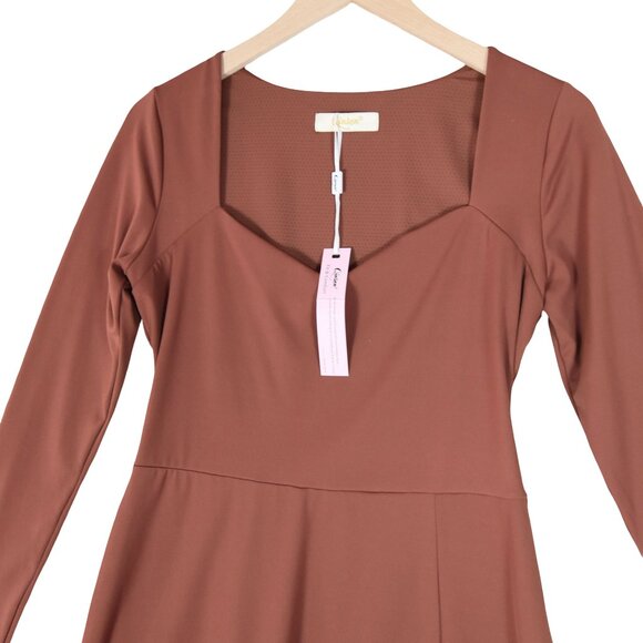 NWT Qinsen Clay Brown Long Sleeve Skater Dress XL Sweetheart Neckline Fit Flare - Picture 3 of 6